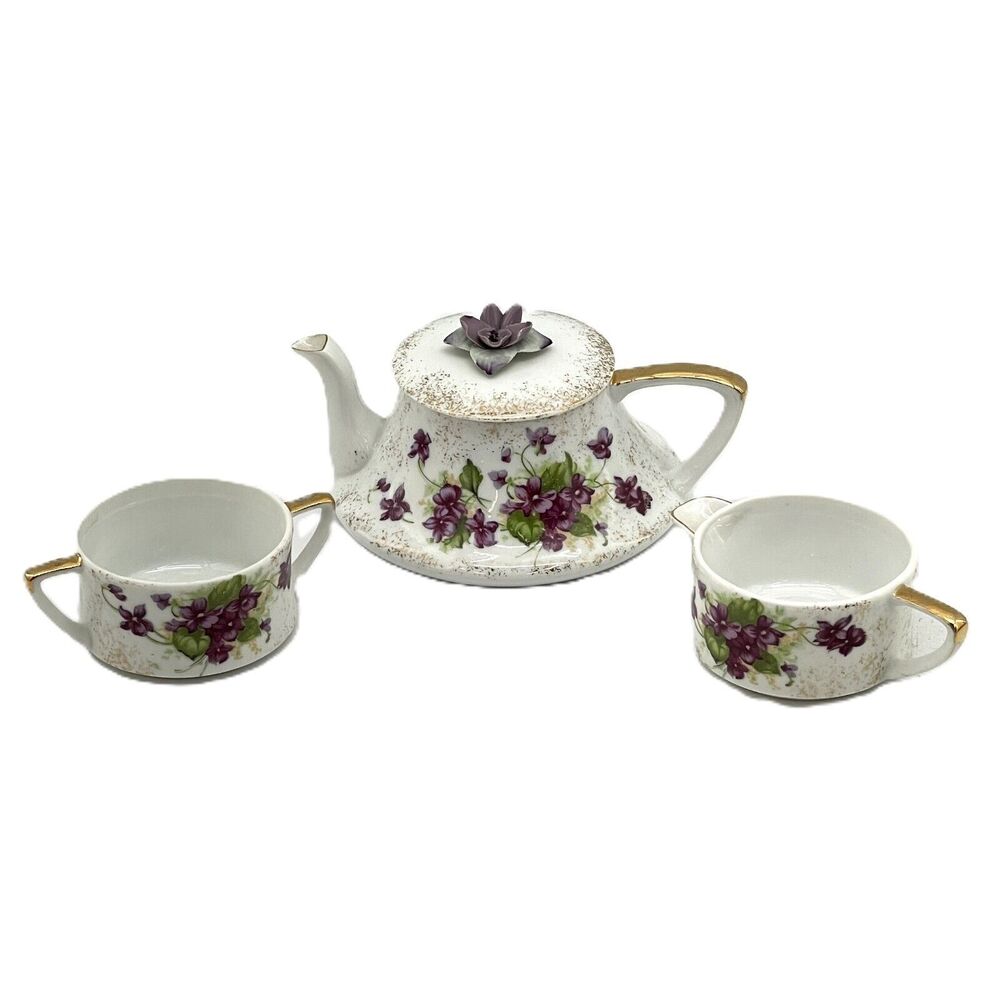 Set of 3 Purple Floral Teapot, Cream, & Sugar Bowl Lefton China Floral Gold Trim